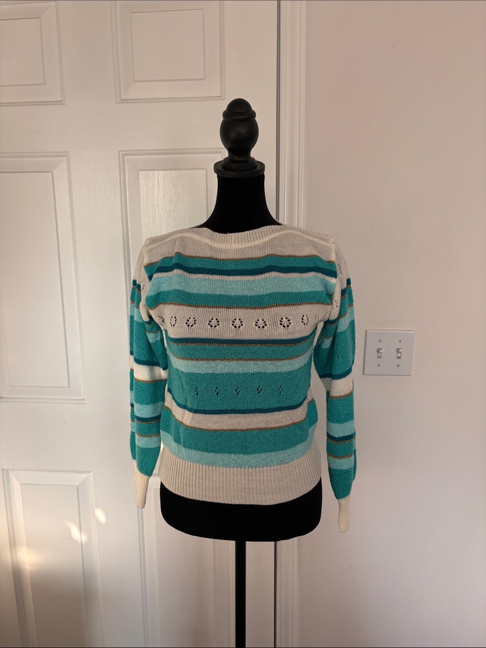 Import Vintage Boat Neck Striped Teal and White Sweater